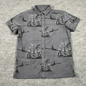 Retro Rifle Shirt Mens Large Gray The Palm AOP Short‎ Sleeve Button Up Stretch